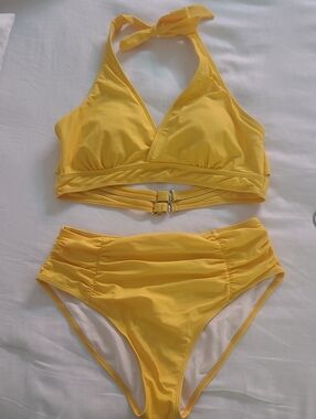 Bright Yellow Halter Bikini Set - Women’s Triangle Top & High-Cut Bottoms